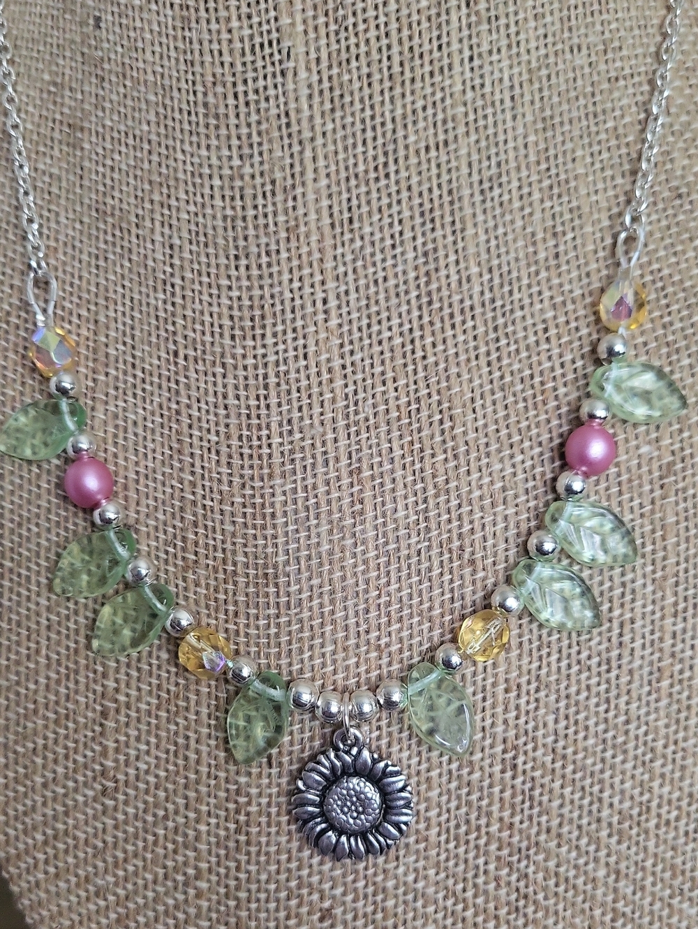Sunflower Pendant Necklace with Czech Green Leaf and Pink Beads